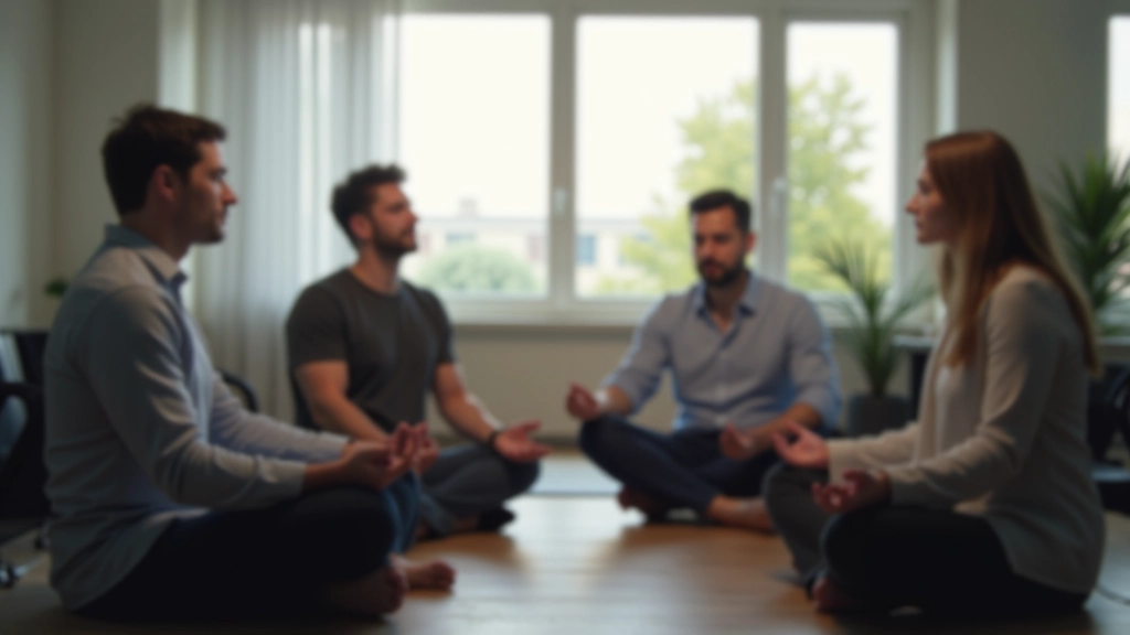 Groupe de personnes en tenue de travail assis ensemble dans une salle de réunion, les yeux fermés, pratiquant ensemble