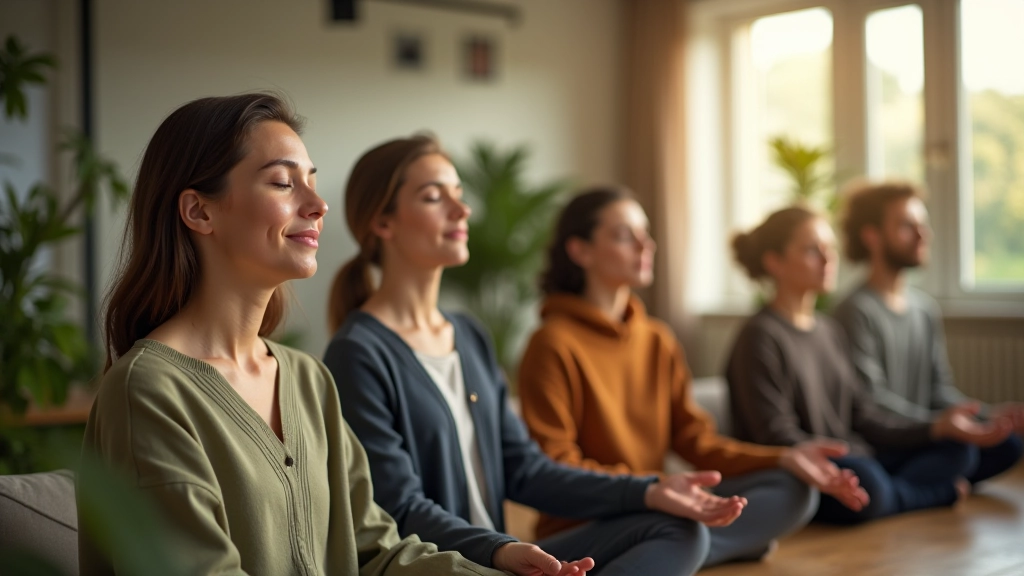 Groupe de quatre personnes au bureau pratiquant la respiration carrée ensemble, environnement calme avec plantes vertes, moment de pause bien-être