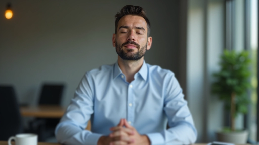 Homme dans un bureau assis calmement, fermant les yeux, pratiquant une technique de pleine conscience, environnement de travail professionnel