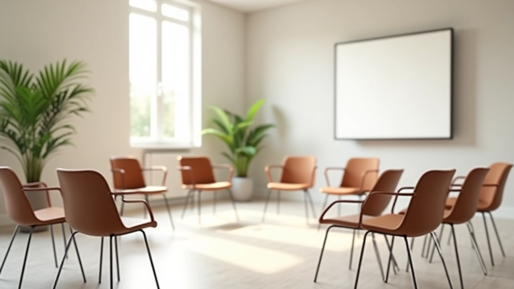 Salle de réunion épurée avec des chaises disposées en cercle, lumière naturelle, plante verte en arrière-plan, atmosphère calme
