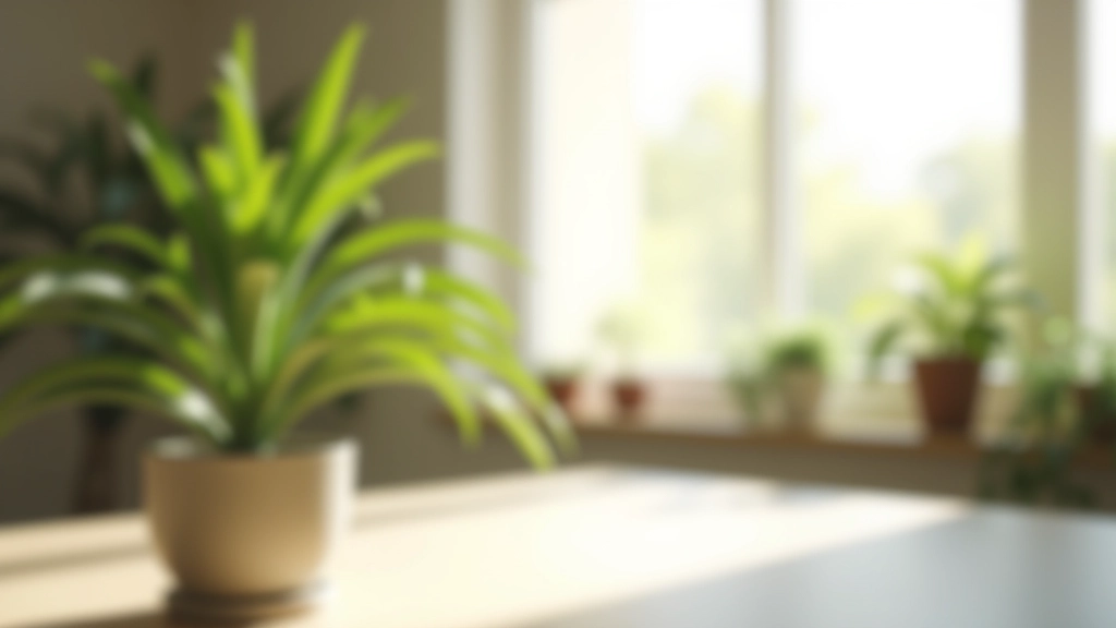 Environnement de bureau moderne avec plantes vertes, bureau minimaliste et lumière naturelle douce