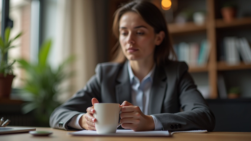 Personne à un bureau moderne, tenant une tasse de café chaud, moment de pause consciente