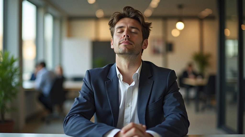 Personne assise confortablement au bureau avec les yeux fermés, en train de méditer, environnement de travail calme et lumineux
