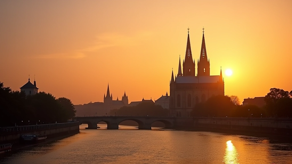 Vue de la ville de Rouen avec l'église cathédrale au coucher du soleil, symbole de calme et de sérénité