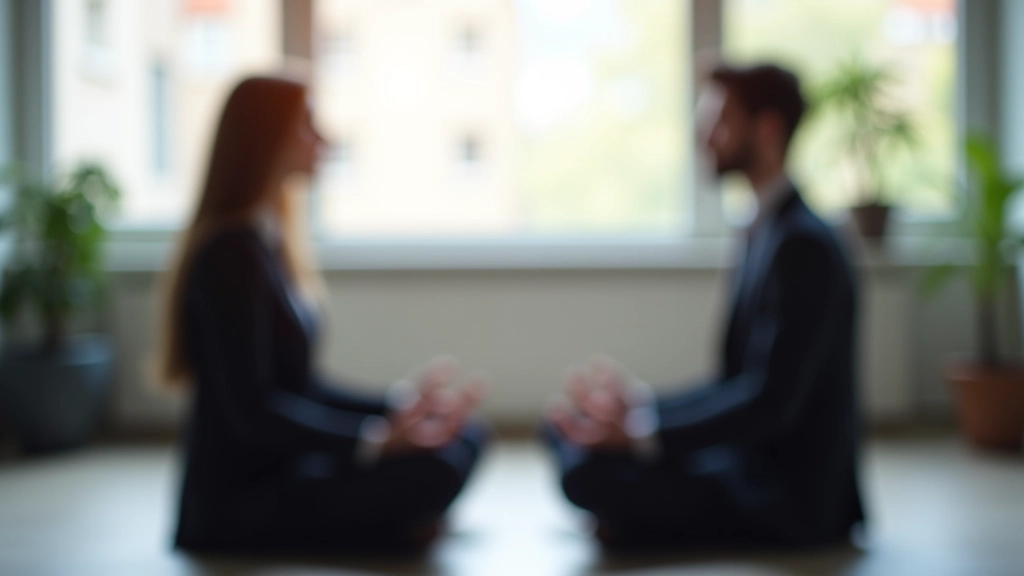 Deux collègues assis face à face dans un espace de bureau, en posture de méditation, lumière naturelle douce par fenêtre
