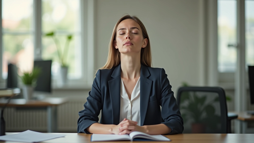 Femme assise à un bureau dans un environnement de travail calme, les yeux fermés en train de pratiquer une technique de respiration