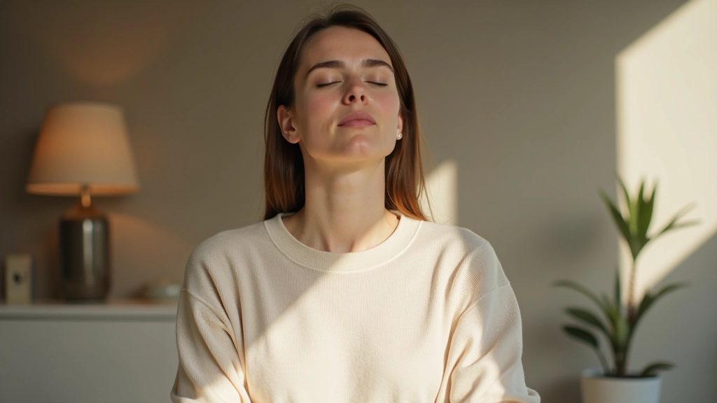 Femme au bureau, les yeux fermés, prenant un moment pour respirer et se recentrer