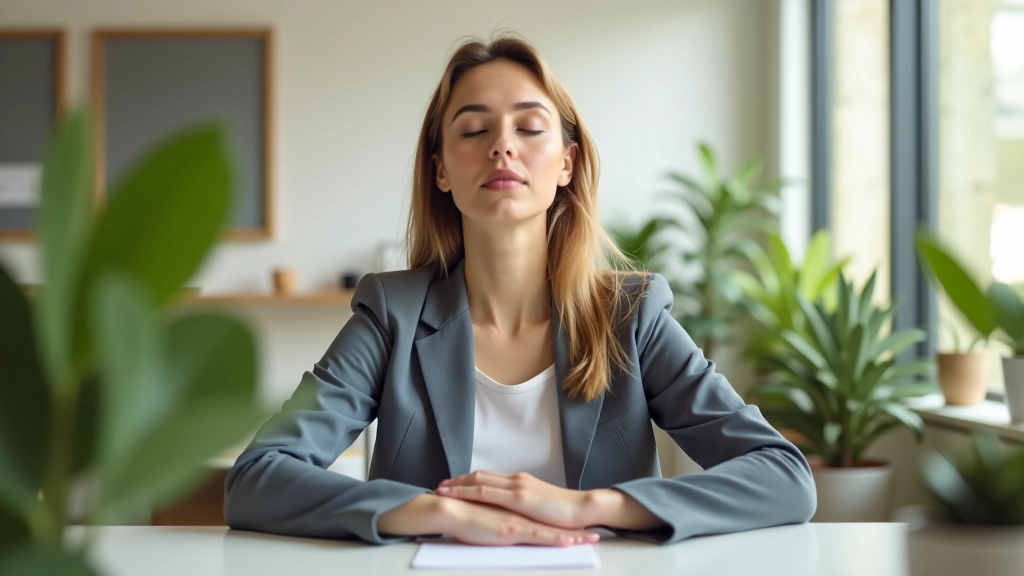 Personne assise à un bureau avec les yeux fermés, respirant profondément, environnement de bureau calme et épuré