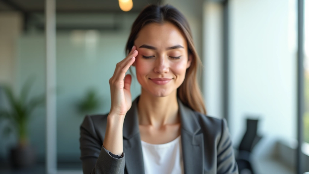 Personne au bureau tenant sa tête avec une expression sereine après une séance de respiration, lumière naturelle douce, bien-être visible