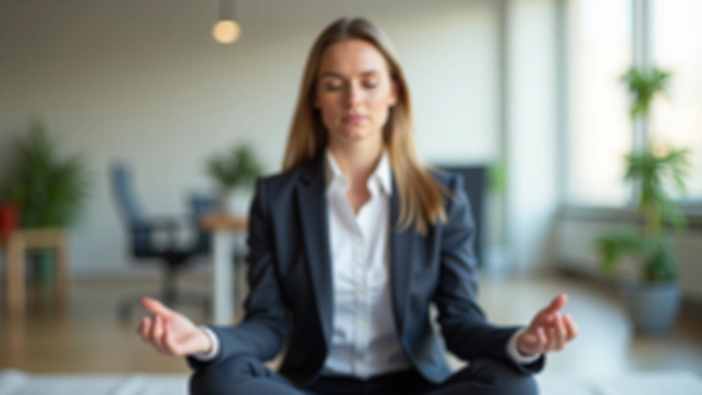 Femme en vêtements professionnels assise en posture de méditation, les mains reposées sur ses genoux, expression sereine, espace lumineux