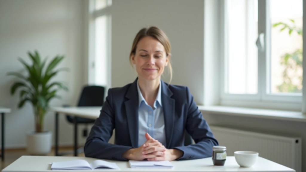 Femme assise au bureau avec une bonne posture, mains détendues, expression paisible, lumière naturelle du bureau